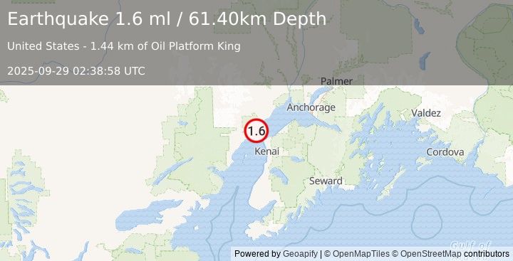Earthquake 25 km NW of Nikiski, Alaska (1.6 ml) (2025-09-29 02:38:58 UTC)