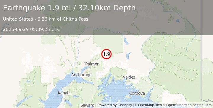 Earthquake 25 km NW of Glacier View, Alaska (1.9 ml) (2025-09-29 05:39:25 UTC)