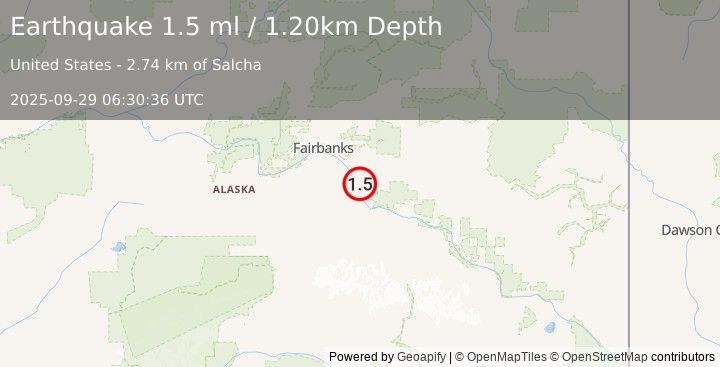 Earthquake 2 km S of Salcha, Alaska (1.5 ml) (2025-09-29 06:30:36 UTC)