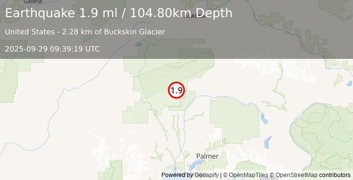 Earthquake 55 km NNE of Petersville, Alaska (1.9 ml) (2025-09-29 09:39:19 UTC)