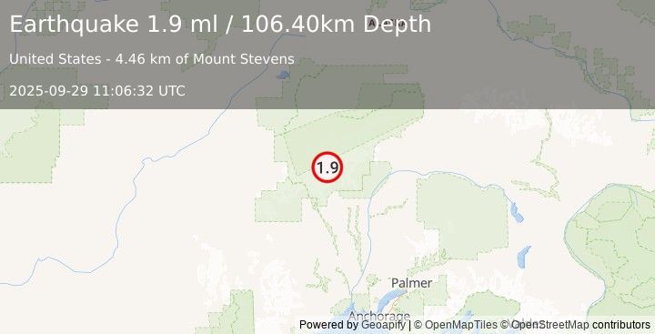 Earthquake 48 km NNW of Petersville, Alaska (1.9 ml) (2025-09-29 11:06:32 UTC)