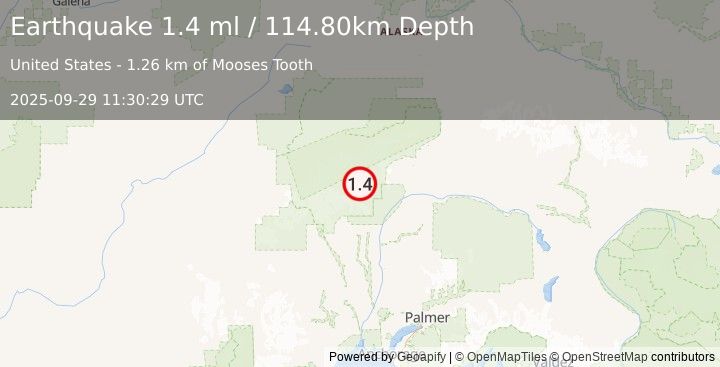Earthquake 53 km N of Petersville, Alaska (1.4 ml) (2025-09-29 11:30:29 UTC)