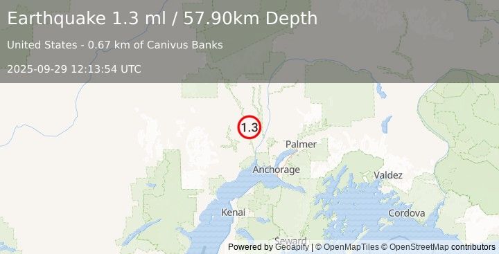 Earthquake 36 km NNW of Susitna, Alaska (1.3 ml) (2025-09-29 12:13:54 UTC)