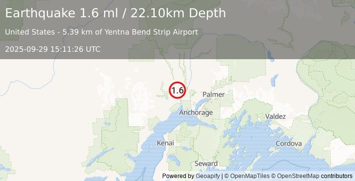 Earthquake 18 km NW of Susitna, Alaska (1.6 ml) (2025-09-29 15:11:26 UTC)