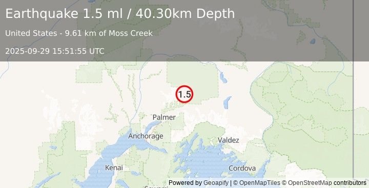 Earthquake 32 km NNE of Chickaloon, Alaska (1.5 ml) (2025-09-29 15:51:55 UTC)
