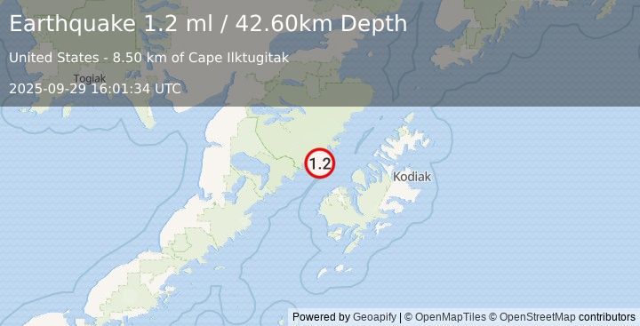 Earthquake 46 km NNW of Karluk, Alaska (1.2 ml) (2025-09-29 16:01:34 UTC)