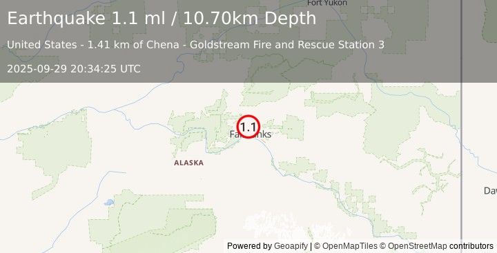 Earthquake 4 km NW of Farmers Loop, Alaska (1.1 ml) (2025-09-29 20:34:25 UTC)