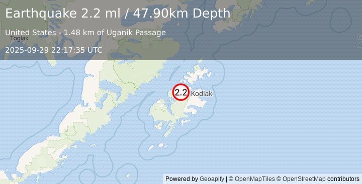 Earthquake 25 km WSW of Port Lions, Alaska (2.2 ml) (2025-09-29 22:17:35 UTC)