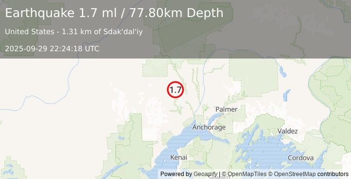 Earthquake 3 km N of Skwentna, Alaska (1.7 ml) (2025-09-29 22:24:18 UTC)