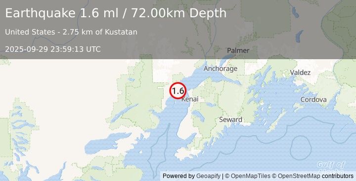 Earthquake 29 km WNW of Nikiski, Alaska (1.8 ml) (2025-09-29 23:59:14 UTC)