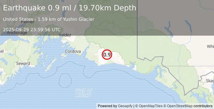 Earthquake 113 km S of McCarthy, Alaska (0.9 ml) (2025-09-29 23:59:56 UTC)