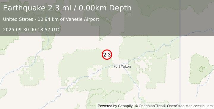 Earthquake 11 km S of Venetie, Alaska (2.3 ml) (2025-09-30 00:18:57 UTC)