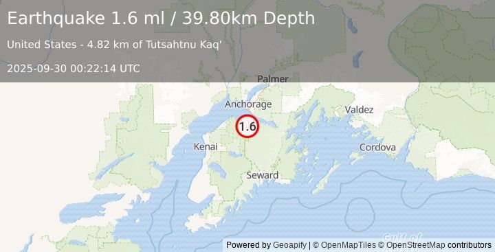 Earthquake 15 km WSW of Hope, Alaska (1.6 ml) (2025-09-30 00:22:14 UTC)