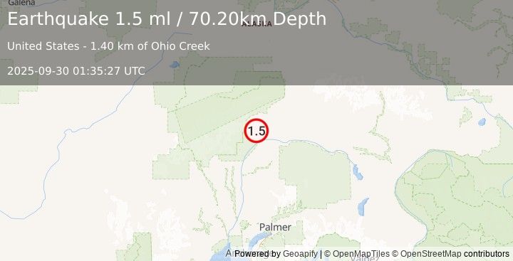Earthquake 58 km SW of Cantwell, Alaska (1.5 ml) (2025-09-30 01:35:27 UTC)
