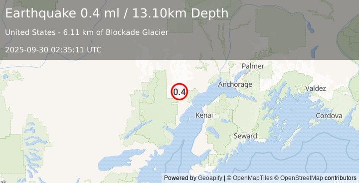 Earthquake 65 km W of Tyonek, Alaska (0.4 ml) (2025-09-30 02:35:11 UTC)