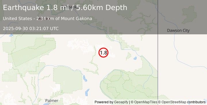 Earthquake 33 km NE of Paxson, Alaska (1.8 ml) (2025-09-30 03:21:07 UTC)