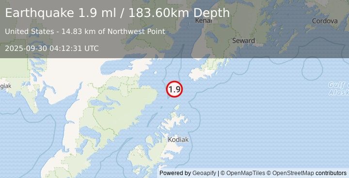 Earthquake 55 km SSE of Pedro Bay, Alaska (1.8 ml) (2025-09-30 04:12:27 UTC)