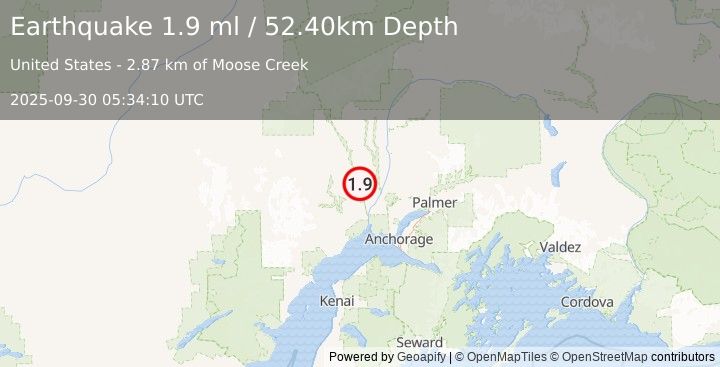 Earthquake 30 km NNW of Susitna, Alaska (1.9 ml) (2025-09-30 05:34:11 UTC)