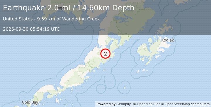 Earthquake 36 km SE of Ugashik, Alaska (2.0 ml) (2025-09-30 05:54:19 UTC)