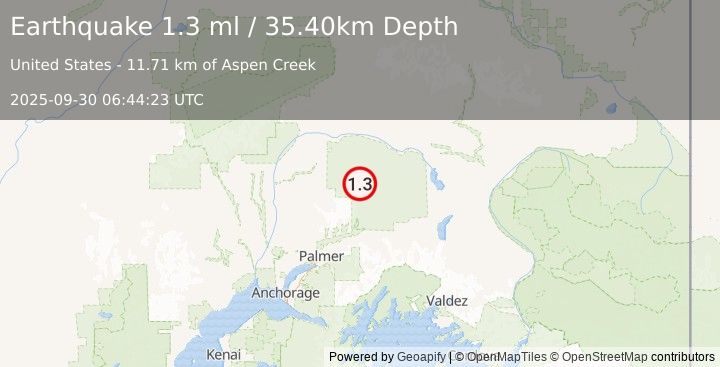 Earthquake 62 km N of Chickaloon, Alaska (1.3 ml) (2025-09-30 06:44:23 UTC)