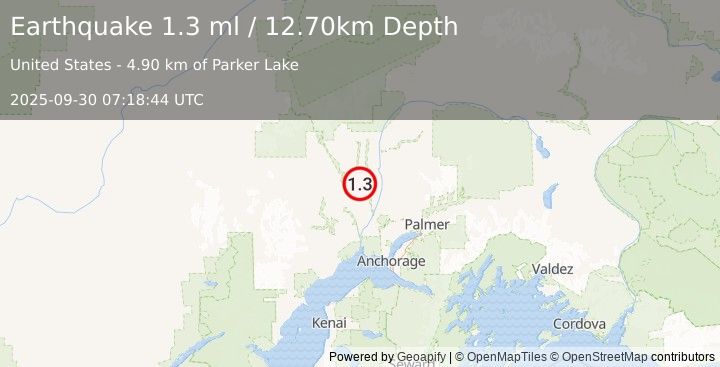 Earthquake 37 km SSW of Trapper Creek, Alaska (1.3 ml) (2025-09-30 07:18:44 UTC)