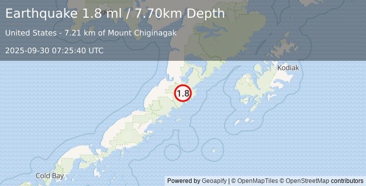 Earthquake 44 km SE of Ugashik, Alaska (1.8 ml) (2025-09-30 07:25:40 UTC)