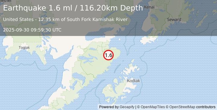 Earthquake 80 km SSE of Kokhanok, Alaska (1.6 ml) (2025-09-30 09:59:30 UTC)