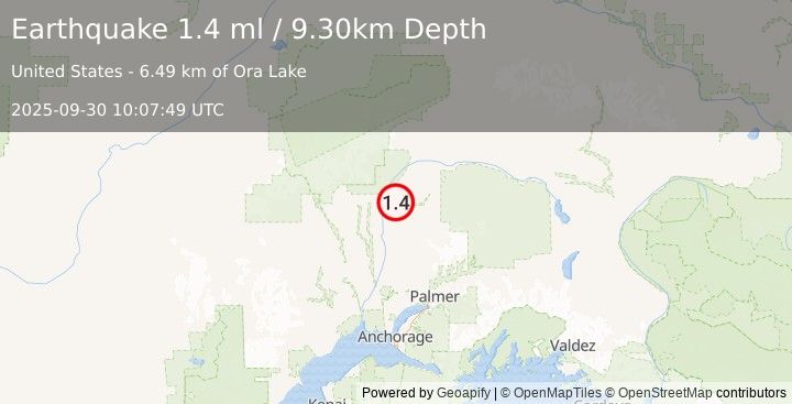 Earthquake 11 km ENE of Chase, Alaska (1.4 ml) (2025-09-30 10:07:49 UTC)