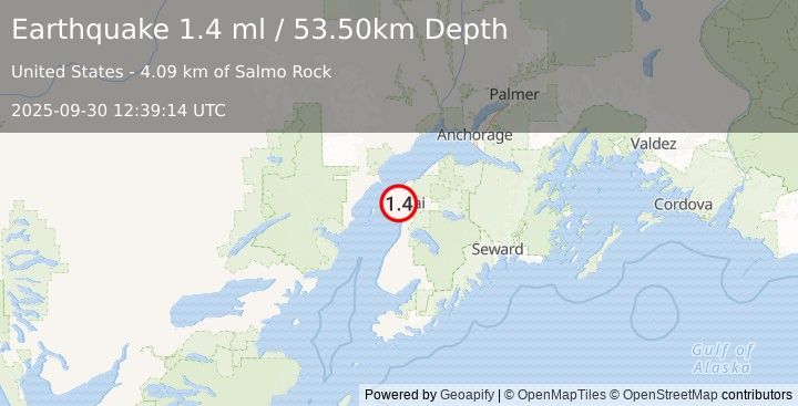 Earthquake 7 km W of Kenai, Alaska (1.4 ml) (2025-09-30 12:39:14 UTC)