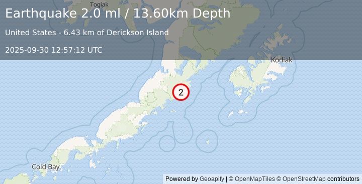 Earthquake 64 km SSE of Ugashik, Alaska (2.0 ml) (2025-09-30 12:57:12 UTC)