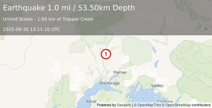 Earthquake 8 km SSE of Trapper Creek, Alaska (1.0 ml) (2025-09-30 13:11:20 UTC)