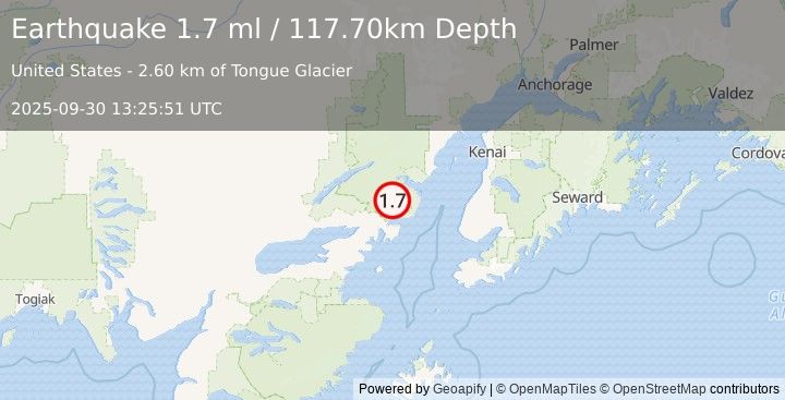 Earthquake 61 km ENE of Pedro Bay, Alaska (1.7 ml) (2025-09-30 13:25:51 UTC)
