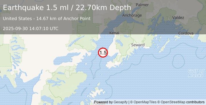 Earthquake 16 km W of Anchor Point, Alaska (1.5 ml) (2025-09-30 14:07:10 UTC)