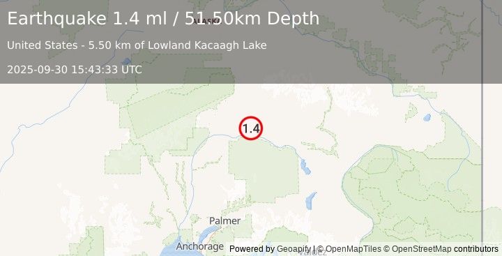 Earthquake 59 km SE of Cantwell, Alaska (1.4 ml) (2025-09-30 15:43:33 UTC)