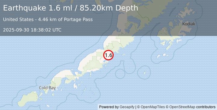 Earthquake 29 km NNE of Chignik, Alaska (1.6 ml) (2025-09-30 18:38:02 UTC)