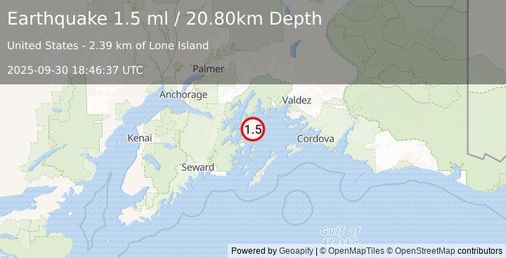 Earthquake 53 km E of Whittier, Alaska (1.5 ml) (2025-09-30 18:46:37 UTC)