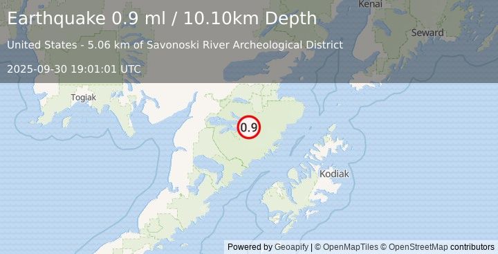 Earthquake 90 km E of King Salmon, Alaska (0.9 ml) (2025-09-30 19:01:01 UTC)