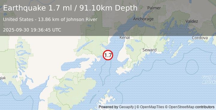 Earthquake 39 km WNW of Anchor Point, Alaska (1.7 ml) (2025-09-30 19:36:45 UTC)