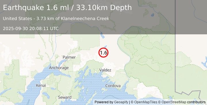 Earthquake 27 km SSE of Nelchina, Alaska (1.7 ml) (2025-09-30 20:08:10 UTC)