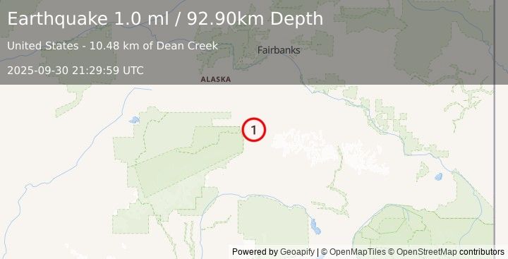 Earthquake 21 km E of Denali Park, Alaska (1.0 ml) (2025-09-30 21:29:59 UTC)