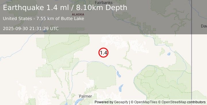 Earthquake 66 km ESE of Cantwell, Alaska (1.4 ml) (2025-09-30 21:31:29 UTC)