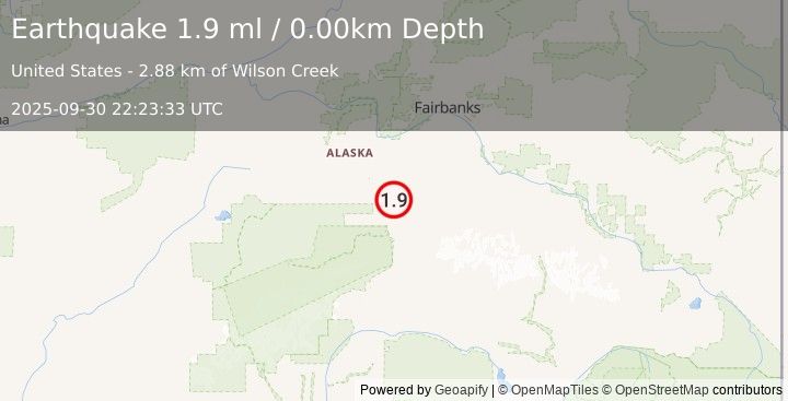 Earthquake 16 km E of Ferry, Alaska (1.9 ml) (2025-09-30 22:23:33 UTC)