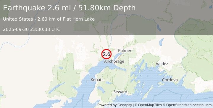 Earthquake 8 km SSE of Susitna, Alaska (2.6 ml) (2025-09-30 23:30:33 UTC)