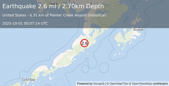 Earthquake 44 km S of Ugashik, Alaska (2.6 ml) (2025-10-01 00:07:14 UTC)