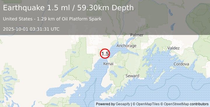 Earthquake 25 km SW of Tyonek, Alaska (1.5 ml) (2025-10-01 03:31:31 UTC)
