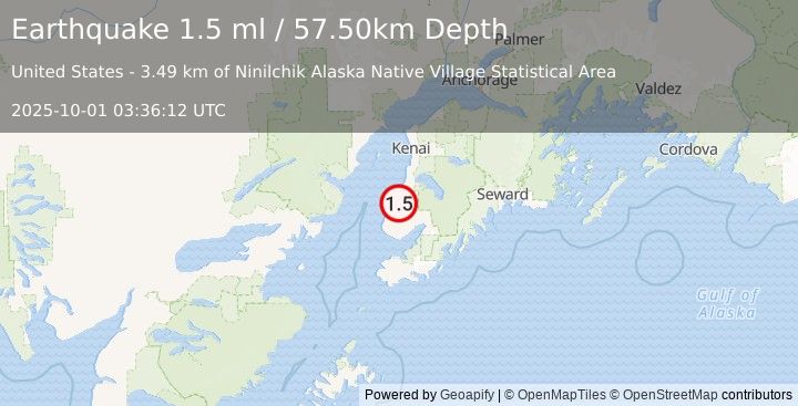 Earthquake 10 km ESE of Ninilchik, Alaska (1.5 ml) (2025-10-01 03:36:12 UTC)