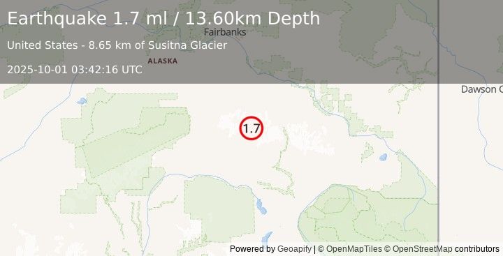 Earthquake 79 km NW of Paxson, Alaska (1.7 ml) (2025-10-01 03:42:16 UTC)
