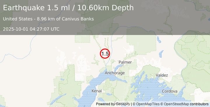 Earthquake 35 km WNW of Willow, Alaska (1.5 ml) (2025-10-01 04:27:07 UTC)