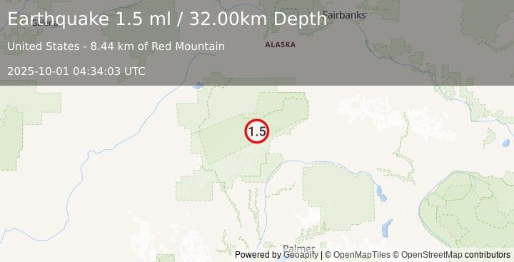 Earthquake 72 km ESE of Denali National Park, Alaska (1.5 ml) (2025-10-01 04:34:03 UTC)