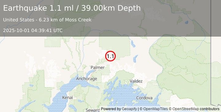 Earthquake 25 km NE of Chickaloon, Alaska (1.1 ml) (2025-10-01 04:39:41 UTC)